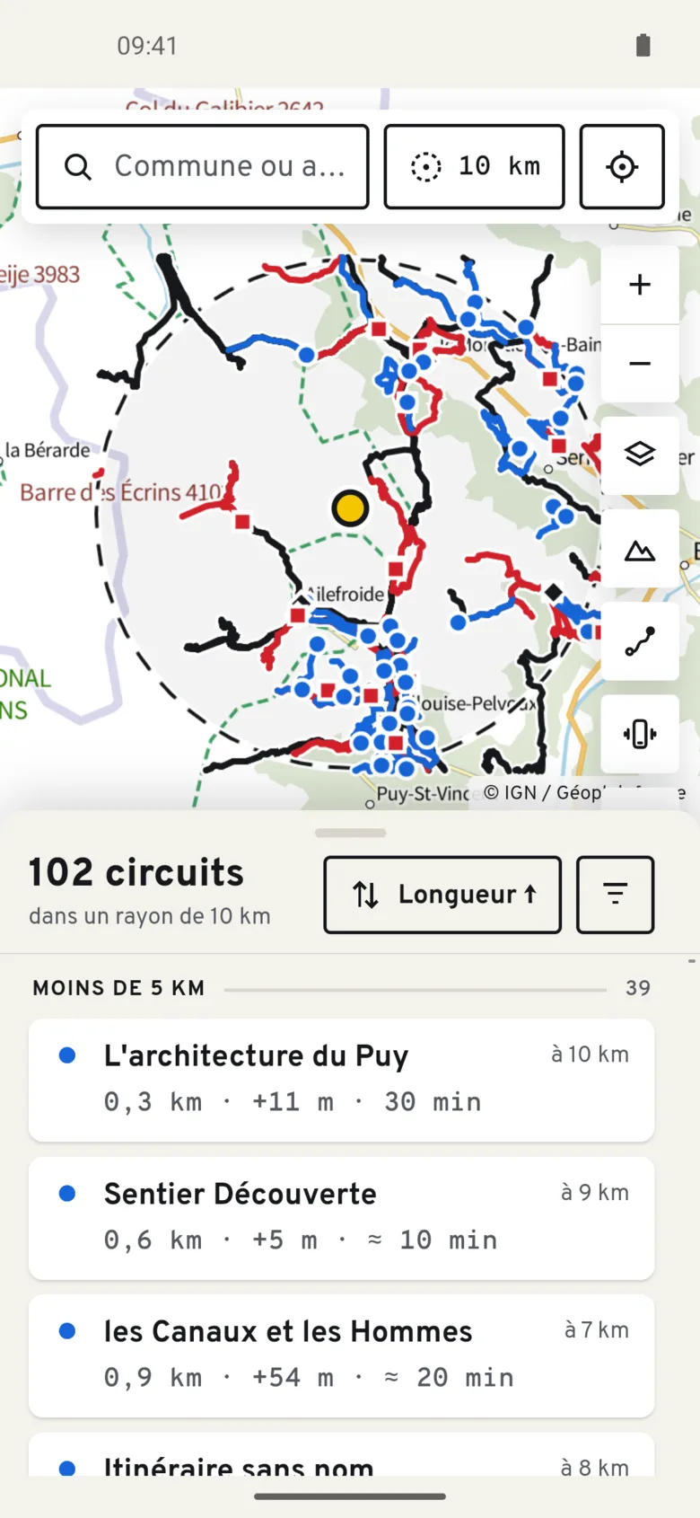Balise sur téléphone : 102 circuits sur la carte IGN autour d'un point, et leur liste triée par longueur