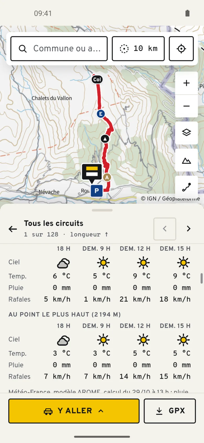 Météo au départ et au point le plus haut