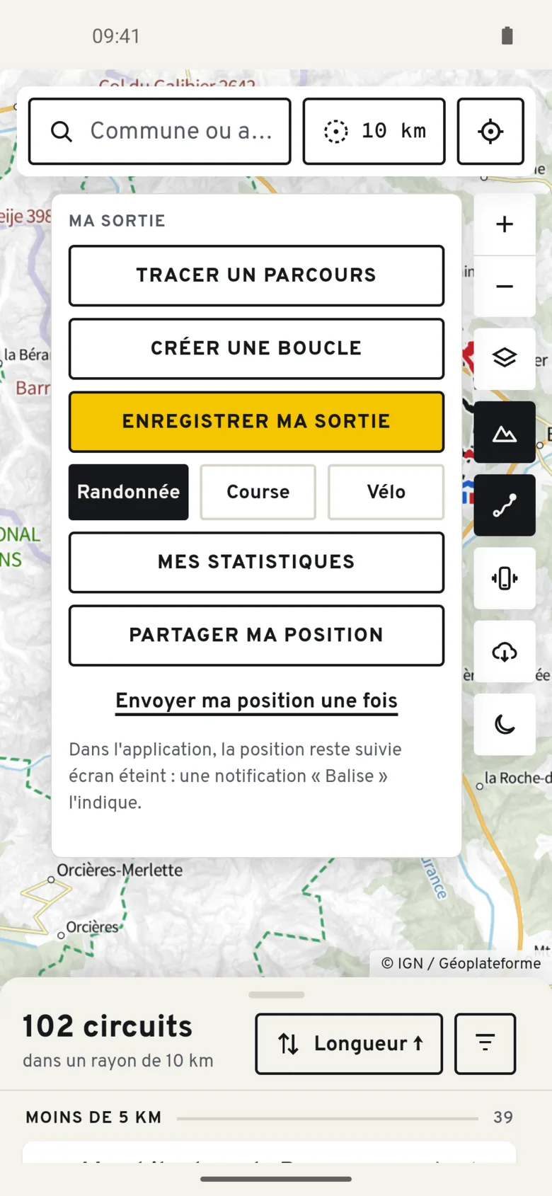 Ma sortie : tracer un parcours, créer une boucle, enregistrer sa sortie, partager sa position