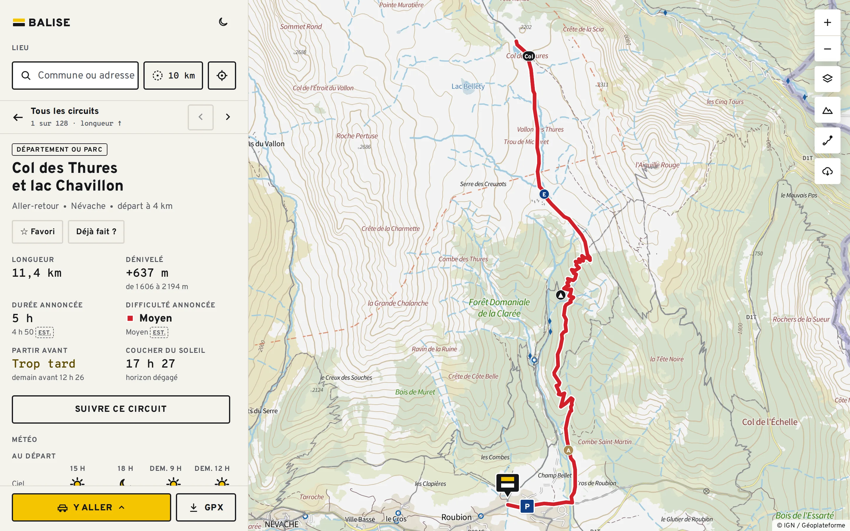 Balise dans le navigateur : fiche du Col des Thures à gauche, tracé sur la carte IGN à droite